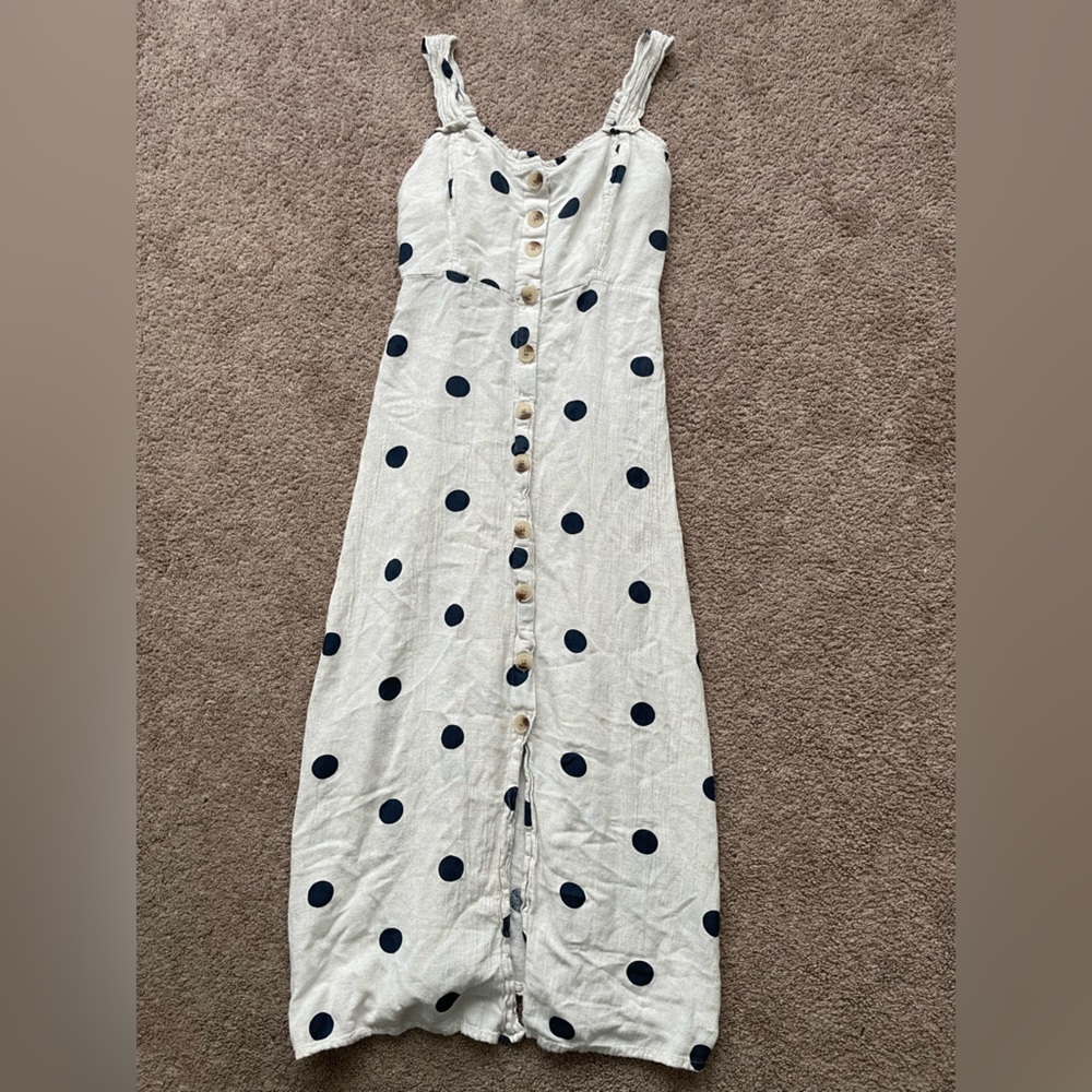Sincerely Jules MIDI Linen Blend Sleeveless Dress Polka Dot Button Front.